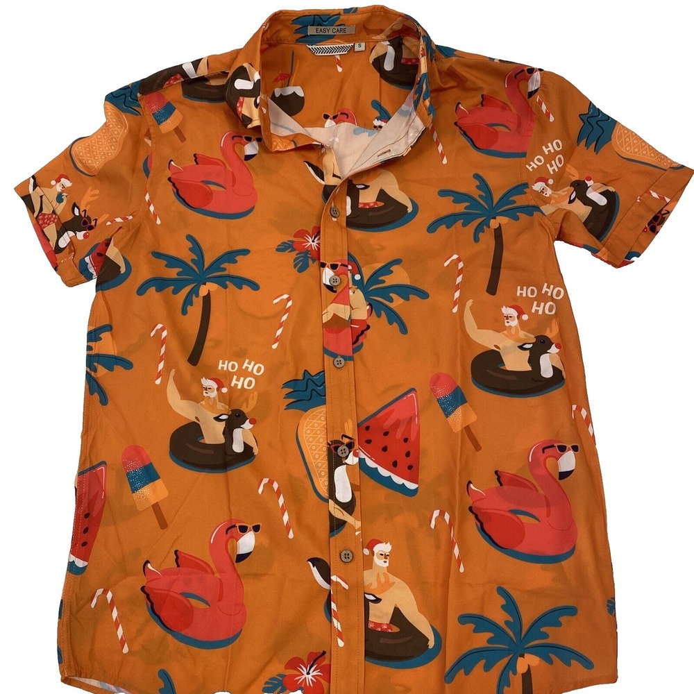 Mens Button Up Shirt Size S Novelty Print Orange Summer Vacation Christmas Santa